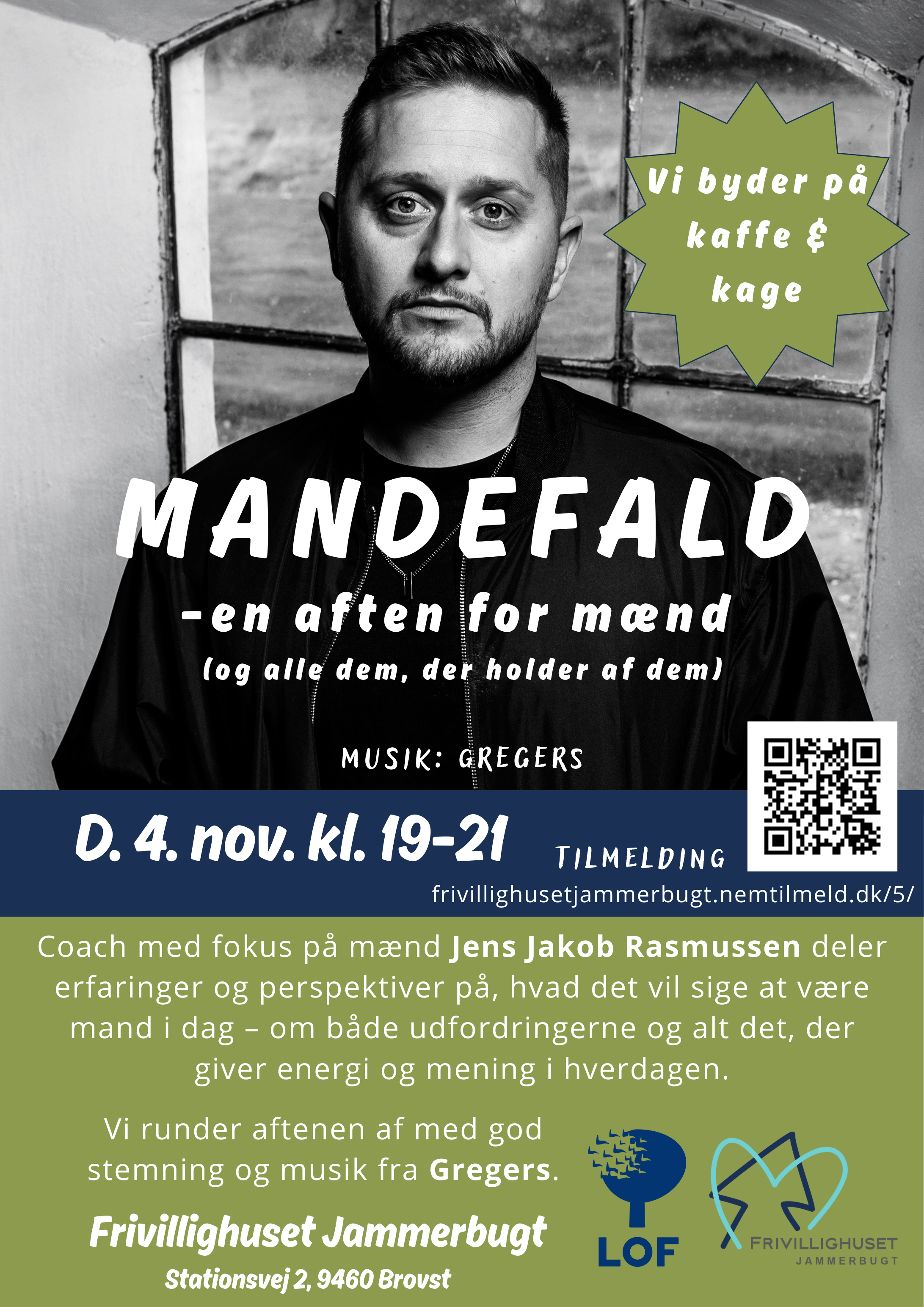 MandeFald – En aften for mænd og alle dem der holder af dem. Gratis koncert og foredrag tirsdag den 4. november kl. 19.00–21.00 i Frivillighuset. Musikeren Gregers gæster Frivillighuset med en intim minikoncert, hvor temaer som sårbarhed, styrke og livets svære perioder bliver formidlet gennem sang og fortælling.  Koncerten følges af et oplæg ved coach og mentor Jens Jakob Rasmussen, som sætter fokus på mænds mentale velvære og hvordan samfundet – og mænd selv – kan blive bedre til at sætte ord på det, der er svært, uden at det nødvendigvis skal gøres højtideligt. 